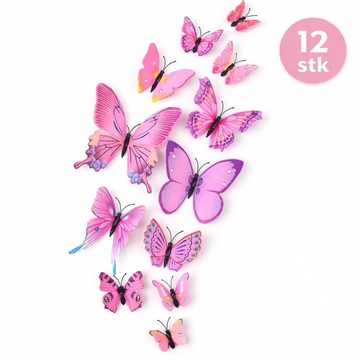3D sommerfugle lyserøde 12 stk vægdekoration