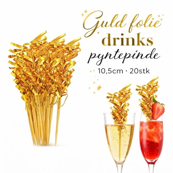 Guld folie drinks pyntepinde 10,5 cm vist i drinks og samlet som produktbillede på hvid baggrund