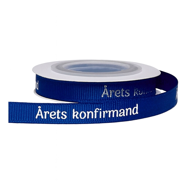 Bånd Årets Konfirmand mørk blå/sølv 1cm x 5m konfirmationspynt