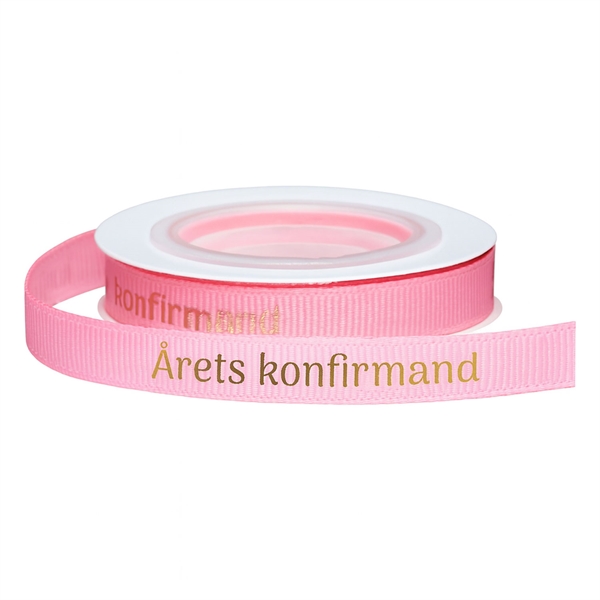 Bånd Årets Konfirmand lys pink/guld 1cm x 5m konfirmationspynt