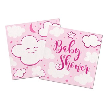 Servietter Baby Shower hvid/lyserød 25cm x 25cm, 20 stk. festartikler