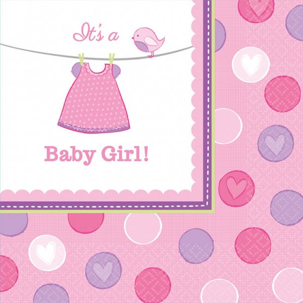 Servietter It\'s A Baby Girl hvid/lyserød/pink 33cm x 33cm, 16 stk. festartikler