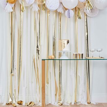 Forhæng / Backdrop hvid/guld festartikler og dekoration