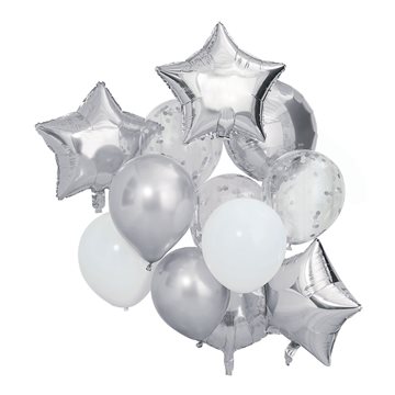 Balloner Mix gennemsigtig/hvid/sølv, 12 stk. ballonbuket til fest