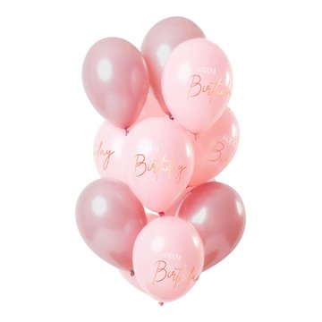 Balloner Mix Happy Birthday lyserød/rosa 33cm, 12 stk.