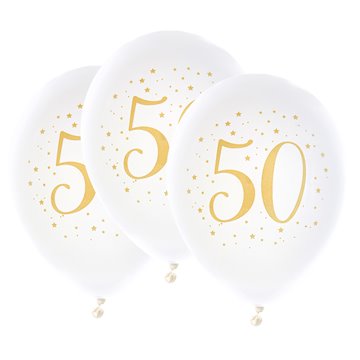 Balloner 50 år fødselsdag hvid/guld 23cm, 8 stk. festartikler