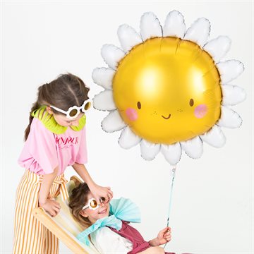 Folieballon Smiley blomst hvid/gul sommerfest og havefest