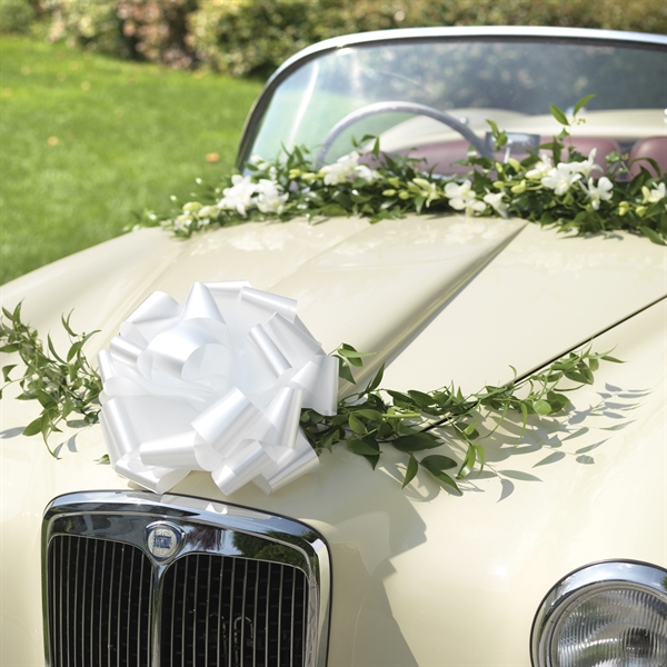 Bilpynt satinsløjfe hvid 35cm bryllup