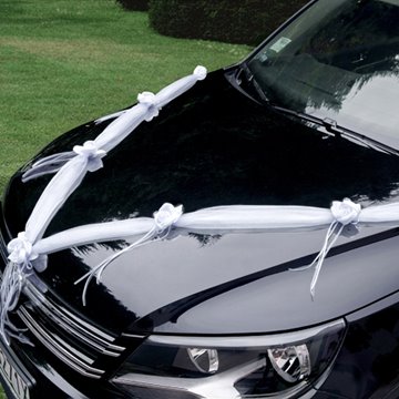 Bryllupsdekoration til bil med hvide satinblomster 1,8m, 2 stk. festartikler
