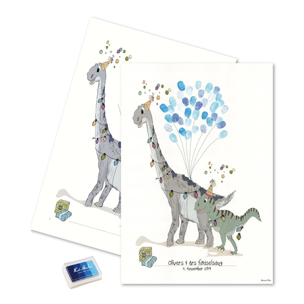 Gæsteplakat Fingeraftryk Dino blå barnedåb