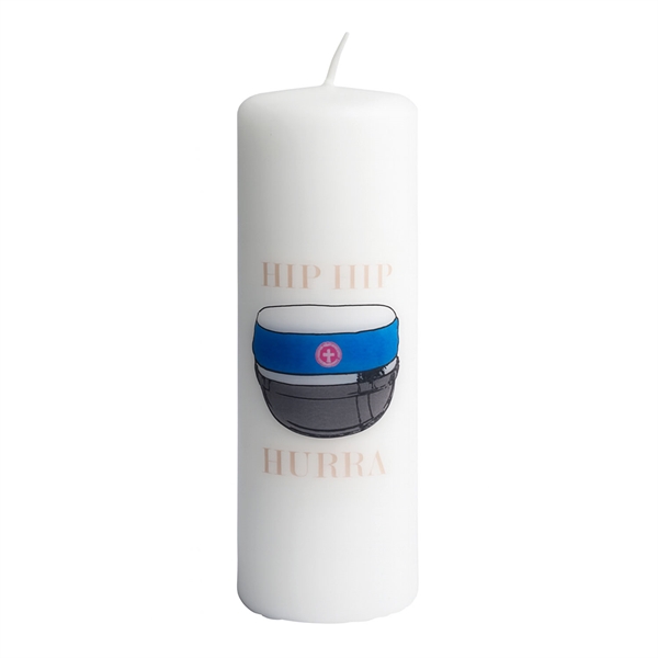 Bloklys blå studenterhue Hip Hip Hurra 5cm x 15cm studenterpynt