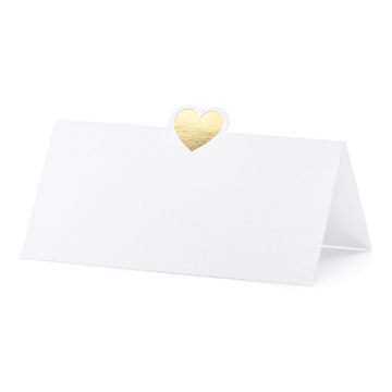 Bordkort Hjerte hvid/guld 5cm x 10cm, 10 stk. borddækning