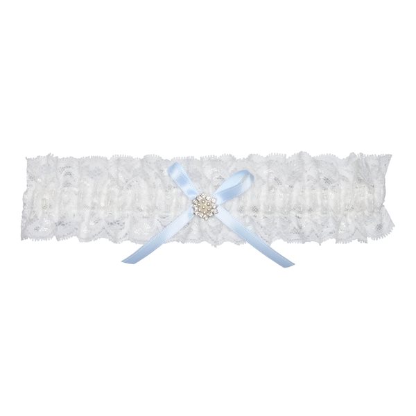 Strømpebånd blå sløjfe og perleblomst bred bryllup