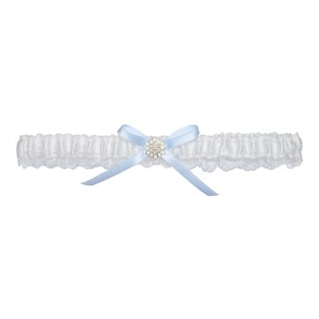 Strømpebånd blå sløjfe og perleblomst smal bryllup