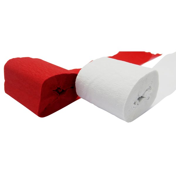 Crepepapir hvid/rød 5cm x 10m, 2 ruller festartikler