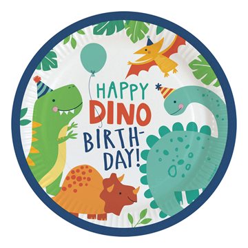 Paptallerken Dinosaur Happy Birthday 23cm, 8 stk. børnefødselsdag