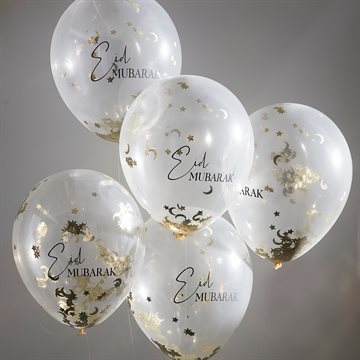 Balloner Eid Mubarak  med konfetti klar/sort/guld 30cm, 5 stk. festartikler
