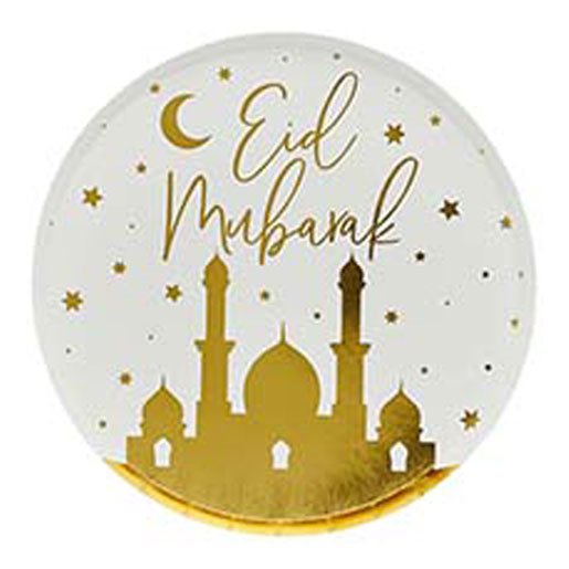 Paptallerken Eid Mubarak hvid/guld 23cm, 8 stk. eidfest