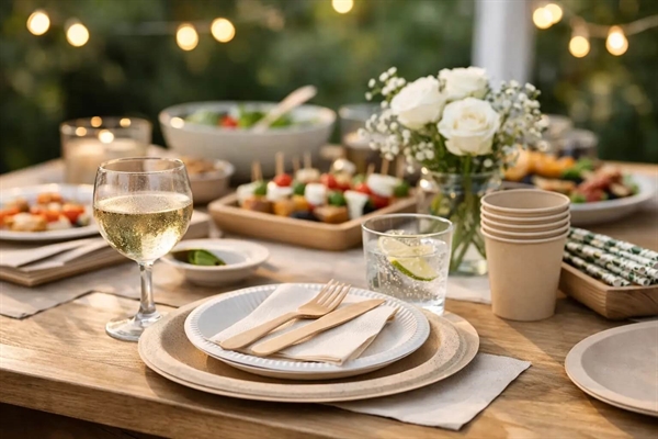 Engangsservice til fest med tallerkener, bestik og glas på borddækning udendørs
