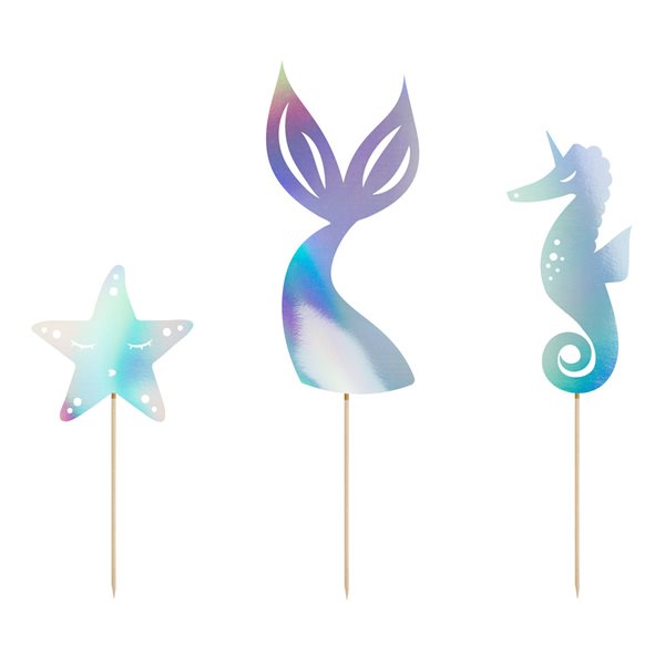 Cake Topper Mermaid Havfrue iriserende 24,5cm, 3 stk. strandtema