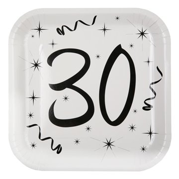 Paptallerken 30 år fødselsdag hvid/sort 23 cm x 23cm, 10 stk. festartikler