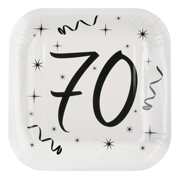 Paptallerken 70 år fødselsdag hvid/sort 23cm x 23cm, 10 stk. festartikler