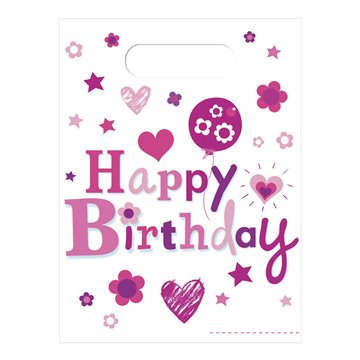 Partypose / slikpose Happy Birthday pige 23cm x 16cm, 6 stk. festartikler