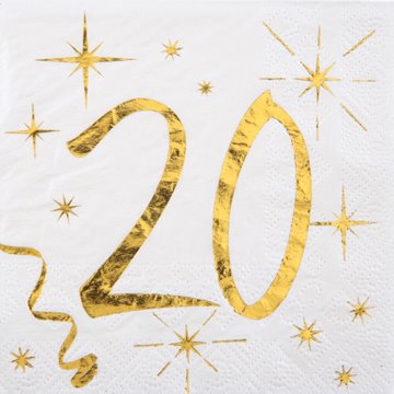 Servietter 20 år fødselsdag hvid/guld 25cm x 25cm, 20 stk. festartikler