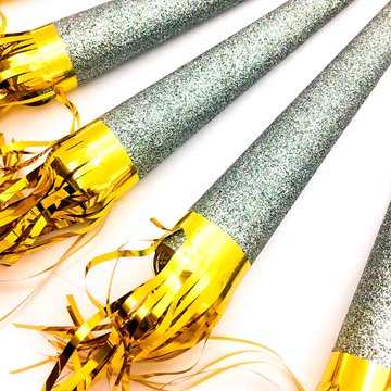 Tudehorn guld  glitter 31cm, 5 stk. festartikler