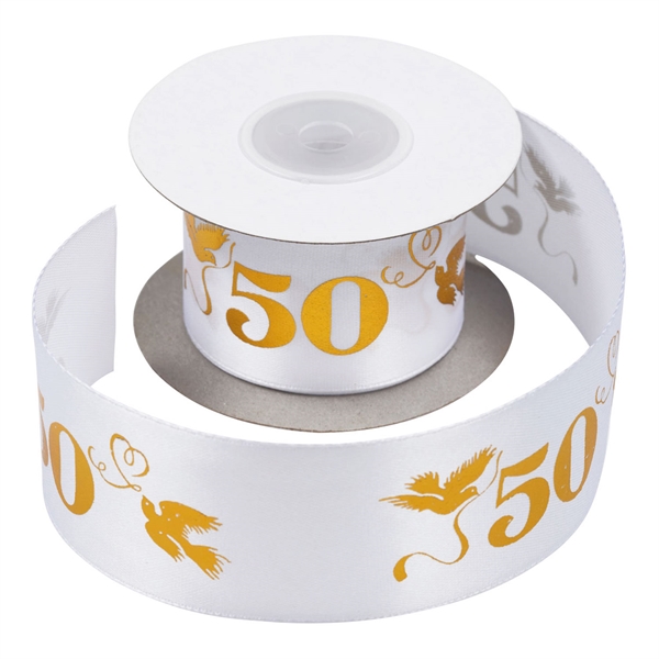 Satinbånd Guldbryllup 50 hvid/guld 4cm x 10m guldbryllupspynt