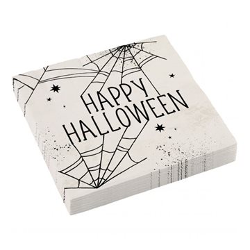 Servietter Happy Halloween Spindelvæv hvid/sort 33cm x 33cm, 16 stk. bordpynt