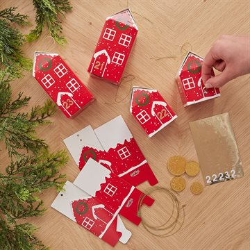 Julekalender Huse til pakkekalender hvid/rød, 24 huse julepynt