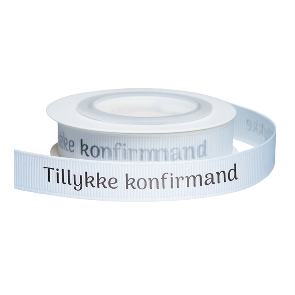 Bånd Tillykke Konfirmand hvid/sølv 1,2cm x 5m konfirmationspynt