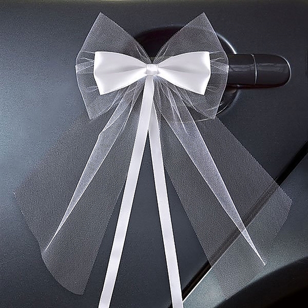 Pynt til bilhåndtag, hvid tyl med satinsløjfe, 2 stk. bryllupspynt