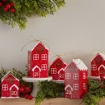 Julekalender Huse til pakkekalender hvid/rød, 24 huse juleby