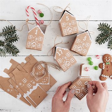 Julekalender Honningkagehuse til pakkekalender hvid/natur, 24 huse pakkekalender