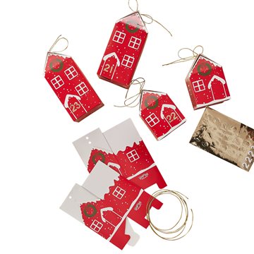 Julekalender Huse til pakkekalender hvid/rød, 24 huse julegaver