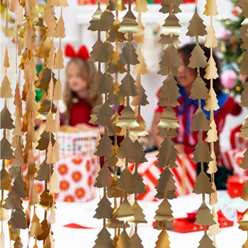 Lametta forhæng/backdrop Juletræer guld 2,45m x 1m festartikler