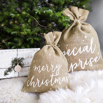 Julesæk Merry Christmas hvid/natur 42cm x 30cm festartikler