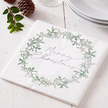 Servietter Merry Christmas Mistletoe hvid/grøn 33cm x 33cm, 16 stk. jul