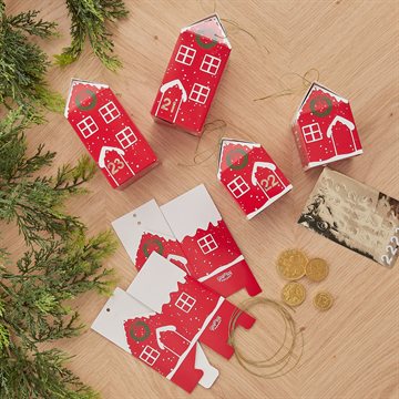 Julekalender Huse til pakkekalender hvid/rød, 24 huse adventsgaver