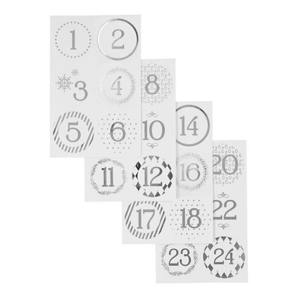 Stickers Kalendertal til pakkekalender hvid/sølv 1-24  tal til pakkekalender
