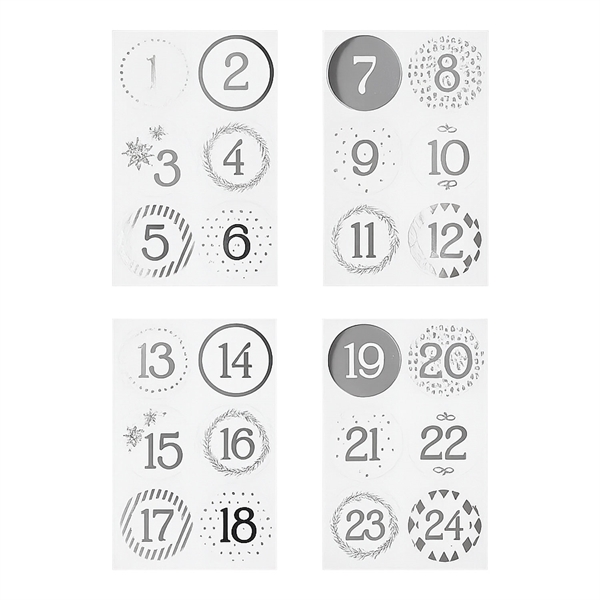 Stickers Kalendertal til pakkekalender hvid/sølv 1-24 julekalendertal
