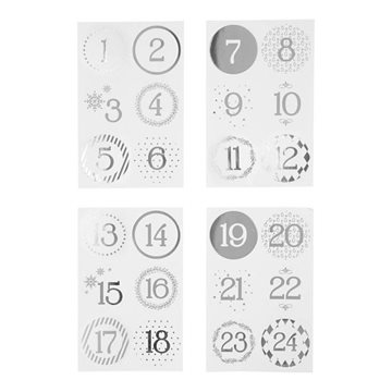 Stickers Kalendertal til pakkekalender hvid/sølv 1-24 kalendergaver