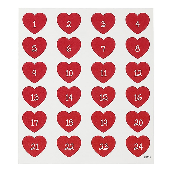 Stickers Kalendertal til pakkekalender Hjerter rød 1-24 jul