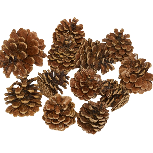 Kogler med guld glimmer 5-9cm, 10-12 stk. juledekorationer