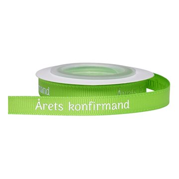 Grosgrain bånd Årets Konfirmand limegrøn/sølv 1cm x 5m bordpynt