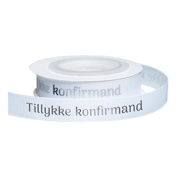 Grosgrain bånd Tillykke Konfirmand hvid/sølv 1,2cm x 5m bordpynt
