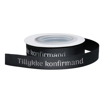 Grosgrain bånd Tillykke Konfirmand sort/sølv 1,2cm x 5m bordpynt