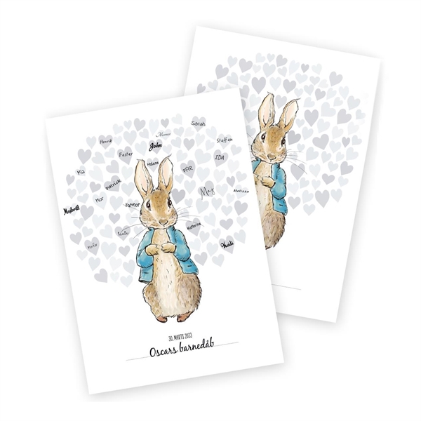 Gæsteplakat Peter Kanin til gæstenavne blå barnedåb
